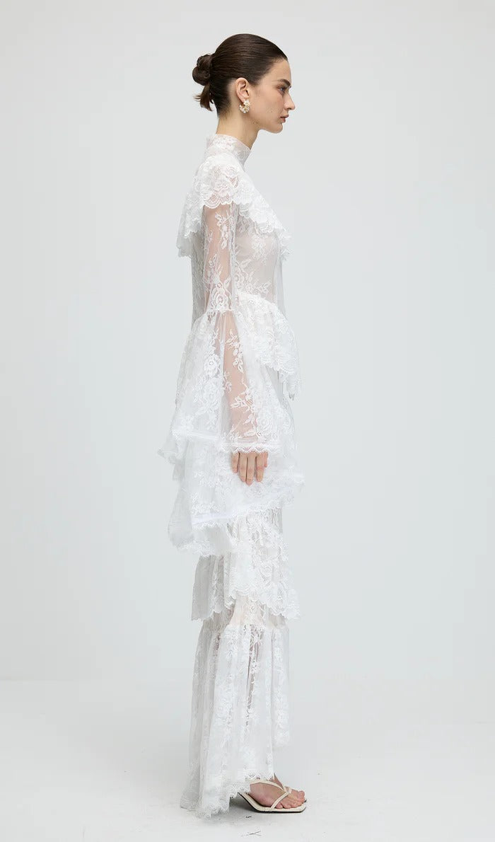 sylvia Sheer lace trumpet sleeve maxi dress in white