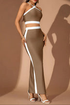 Flowering Girl Women Cora White Striped Patchwork Maxi Bandage Set - Brown