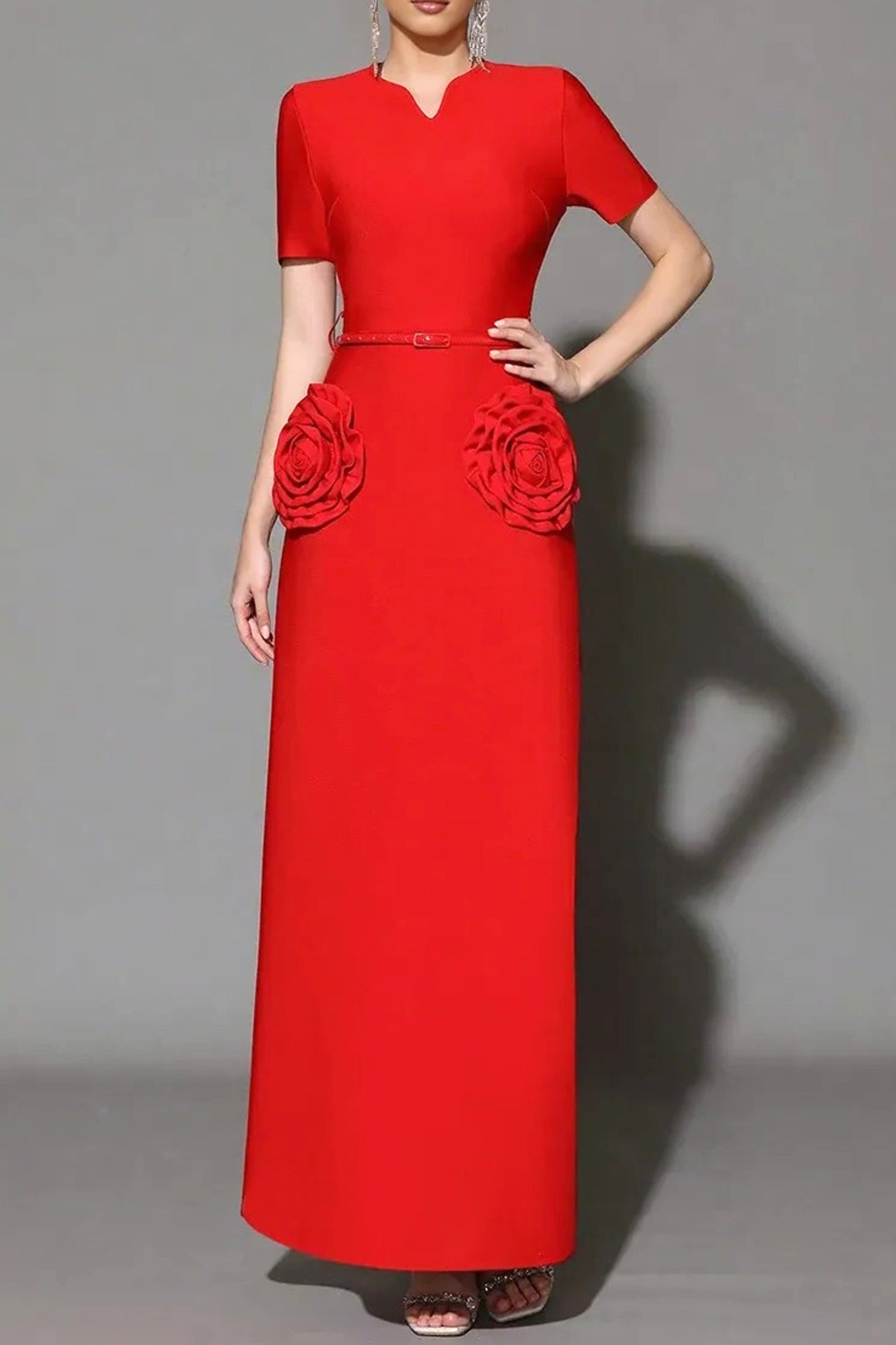 Flowering Girl Women 3d Flower Embellished Slim Maxi Dress In Red