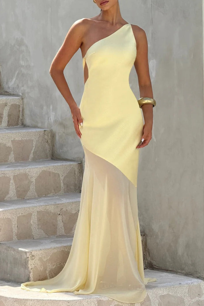 Lace-Up Beveled Back Satin Maxi Dress In Lemon Yellow