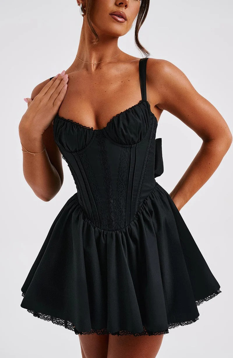 Flowering Girl Women Lace Ruffle Trim Corset Mini Dress In Black