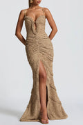 Flowering Girl Women Slit Pleated Bodycon Maxi Dress In Ivory