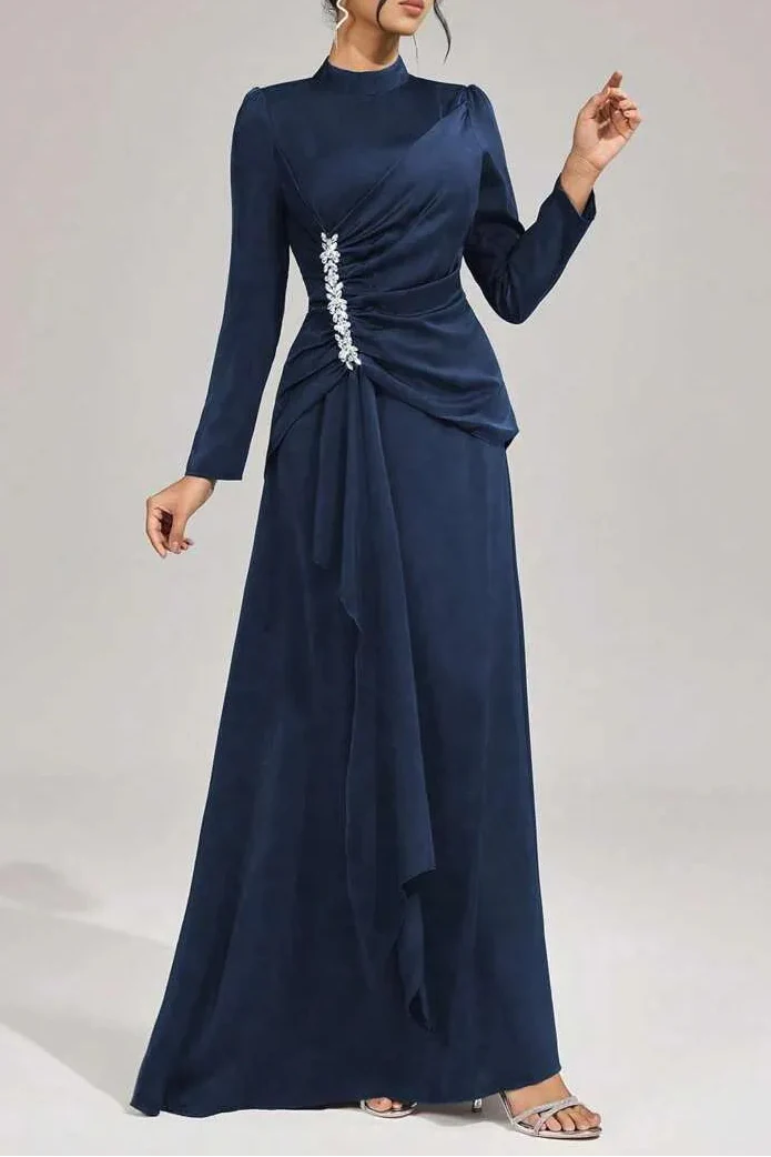 Beulah Long Sleeves With Beading Pleated Maxi Dress In Blue