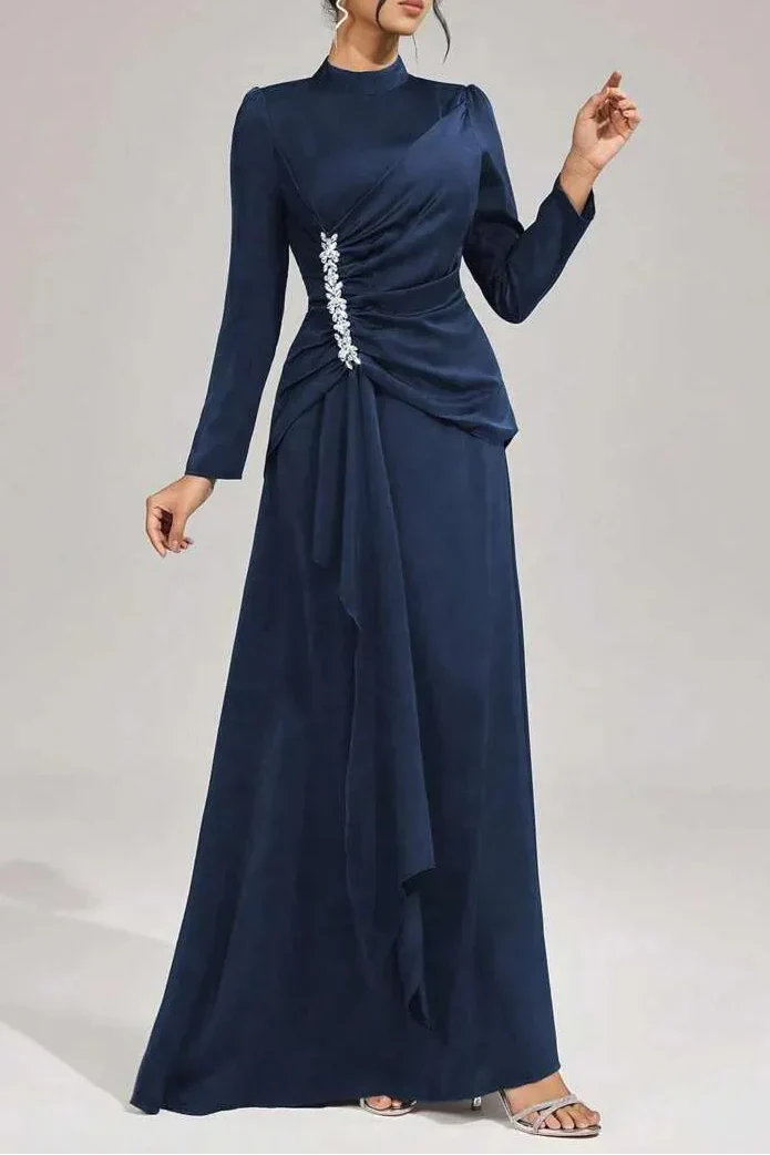 beulah Long sleeves with beading pleated maxi dress in blue