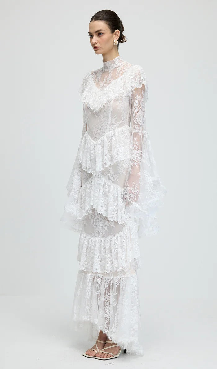 sylvia Sheer lace trumpet sleeve maxi dress in white