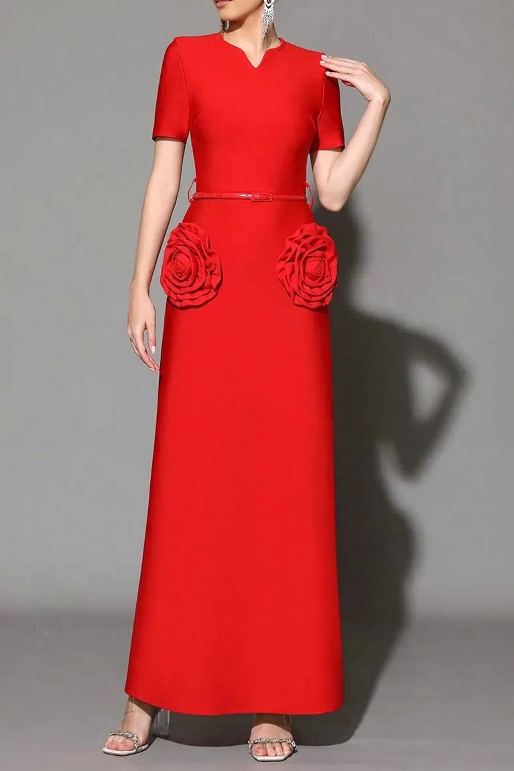 Flowering Girl Women 3d Flower Embellished Slim Maxi Dress In Red