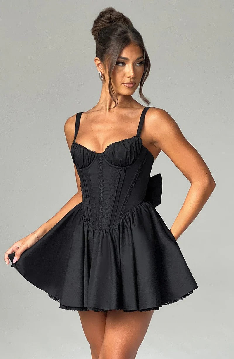 Flowering Girl Women Lace Ruffle Trim Corset Mini Dress In Black