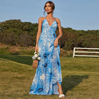 Blue & White Floral Print Halter Neck Tiered Maxi Dress