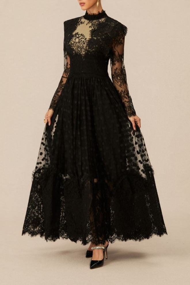 Flowering Girl Women Elegant Enchantment Black Polka Dot Lace Maxi Dress