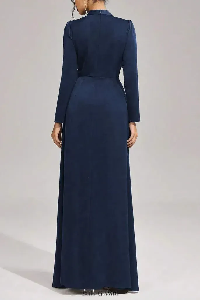 beulah Long sleeves with beading pleated maxi dress in blue