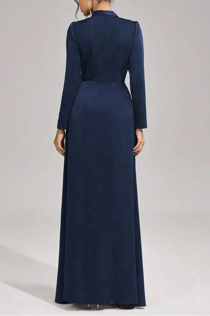Beulah Long Sleeves With Beading Pleated Maxi Dress In Blue