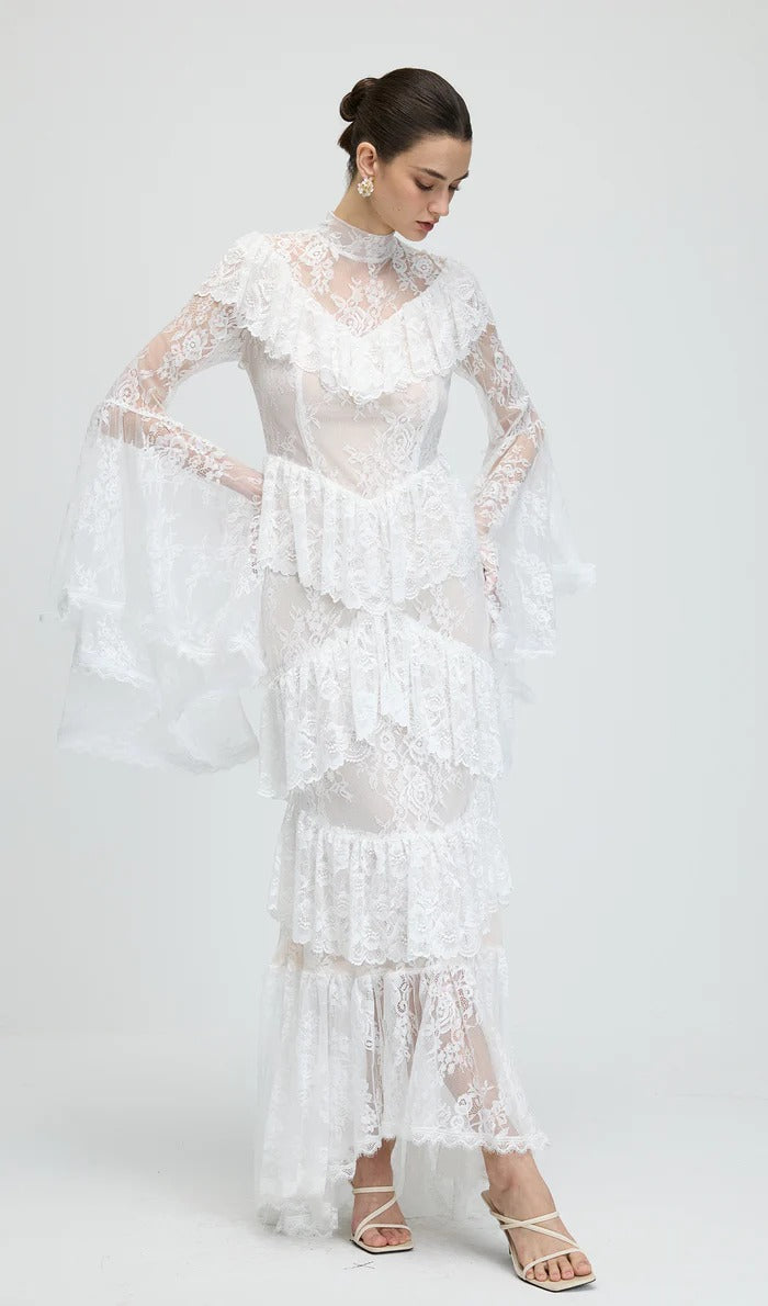 Flowering Girl Women Sylvia Sheer Lace Trumpet Sleeve Maxi Dress In White