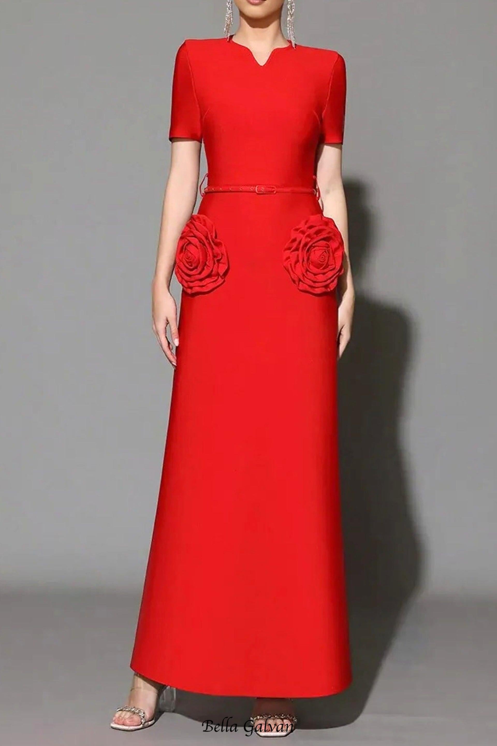 3d flower embellished slim maxi dress in red