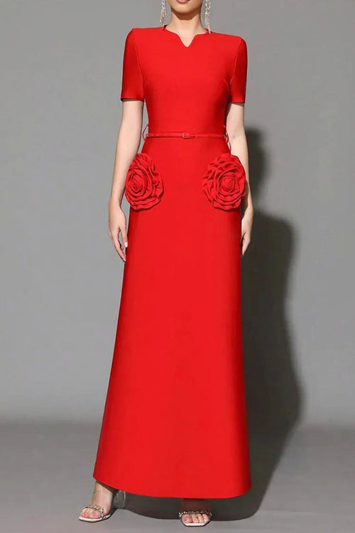 Flowering Girl Women 3d Flower Embellished Slim Maxi Dress In Red