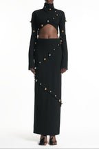 Button-Embellished Cotton-Jersey Top Maxi Skirt Suit In Black