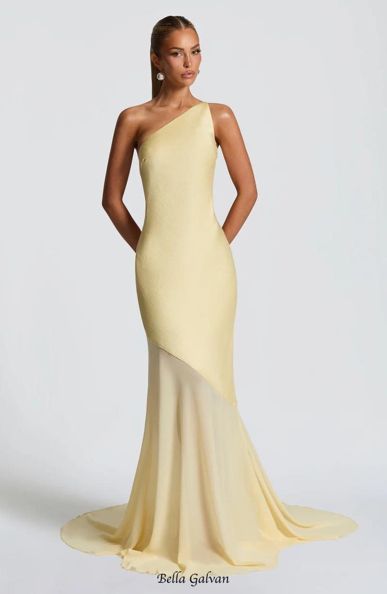 Lace-up beveled back satin maxi dress in lemon yellow