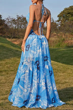 Blue & White Floral Print Halter Neck Tiered Maxi Dress