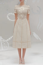 hermosa 3d floral embroidered hollow midi dress in apricot