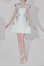 White Floral Embroidered Mini Dress with Sheer Cap Sleeve Bolero