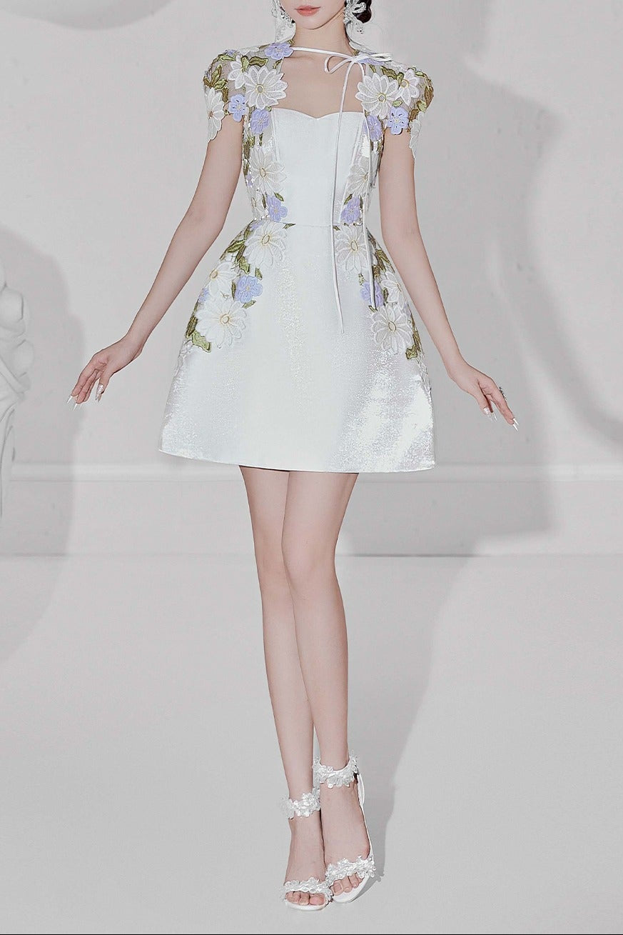 White Floral Embroidered Mini Dress with Sheer Cap Sleeve Bolero