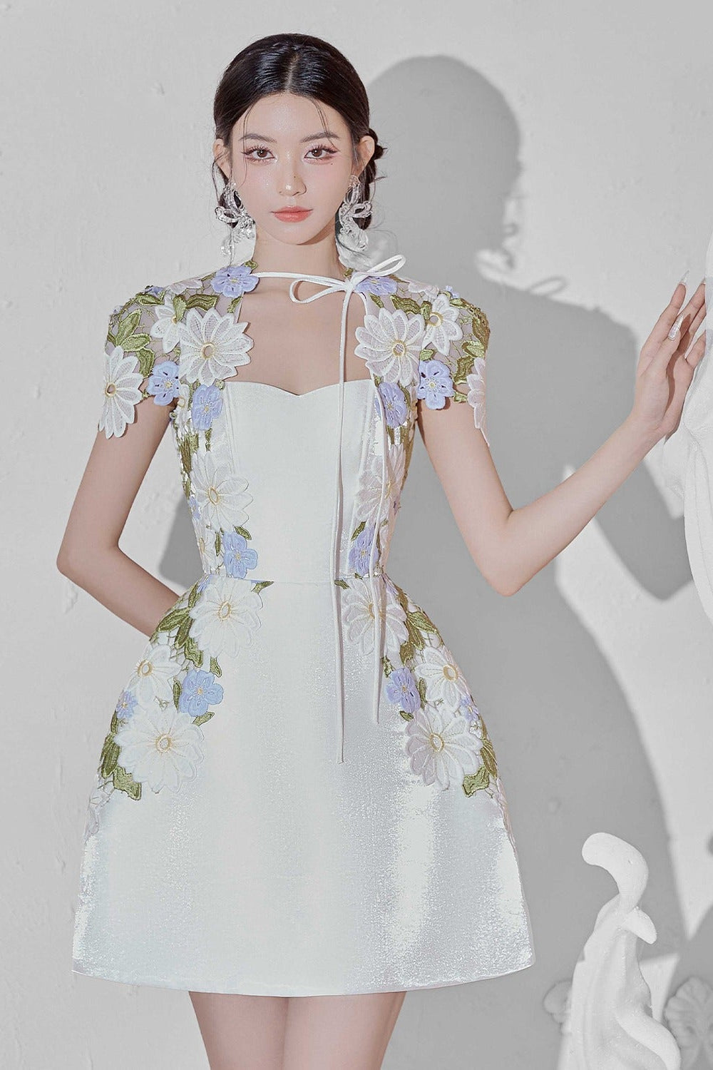 White Floral Embroidered Mini Dress with Sheer Cap Sleeve Bolero