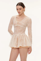 eileen Long-sleeve v-neck lace A-line mini dress in pink