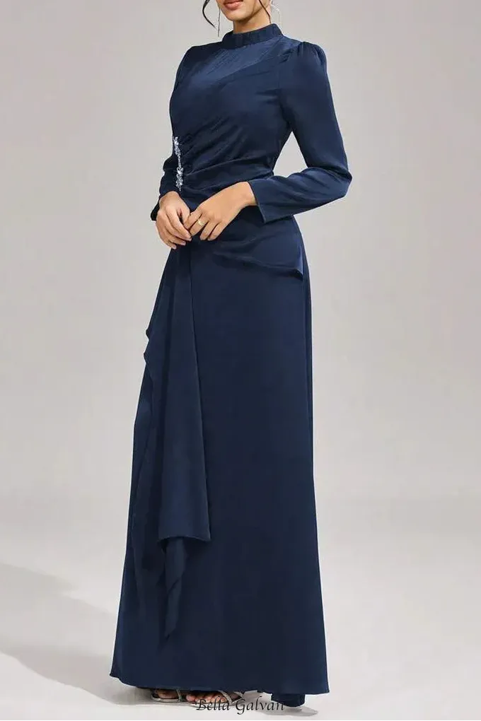 beulah Long sleeves with beading pleated maxi dress in blue