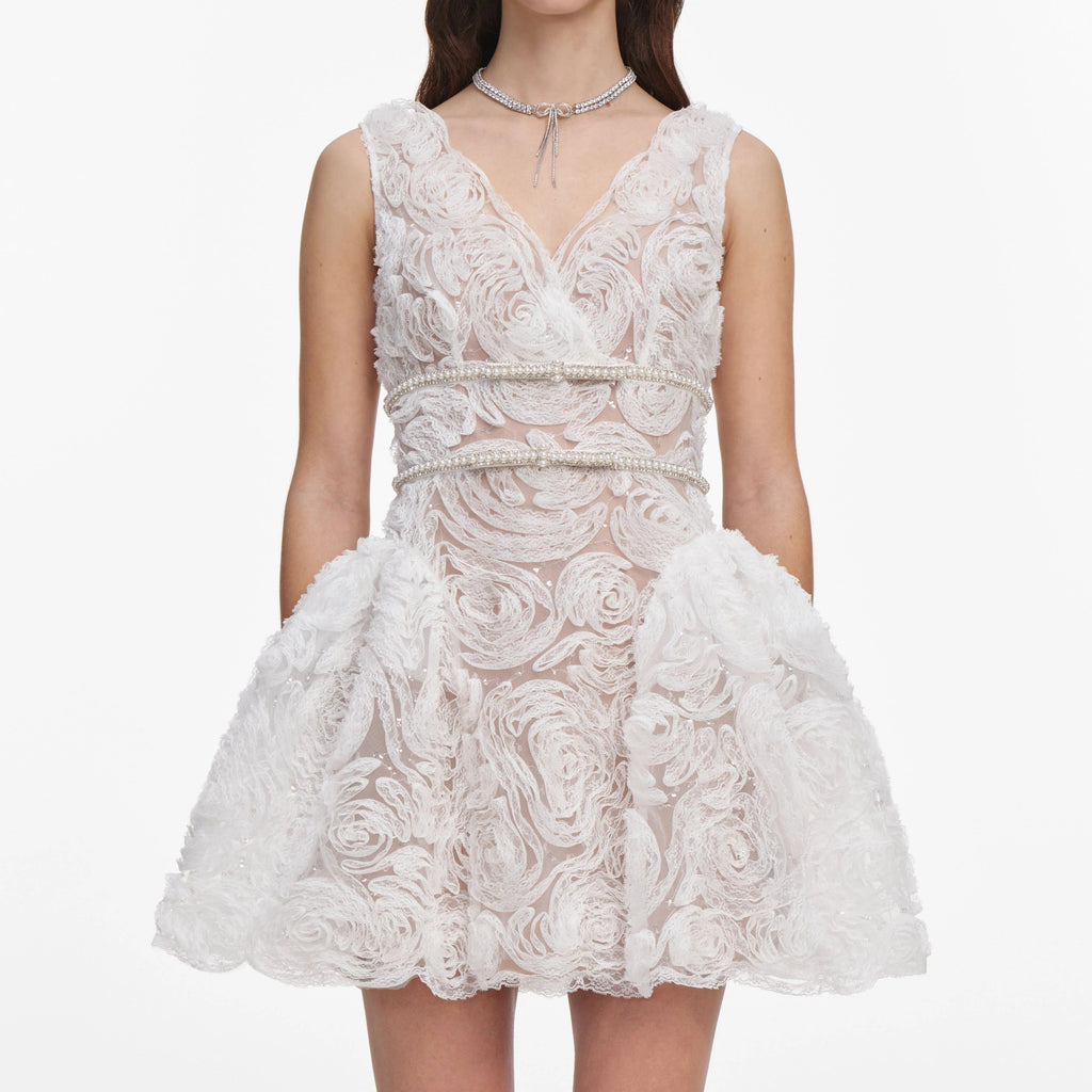 White sequin tulle and lace mini dress