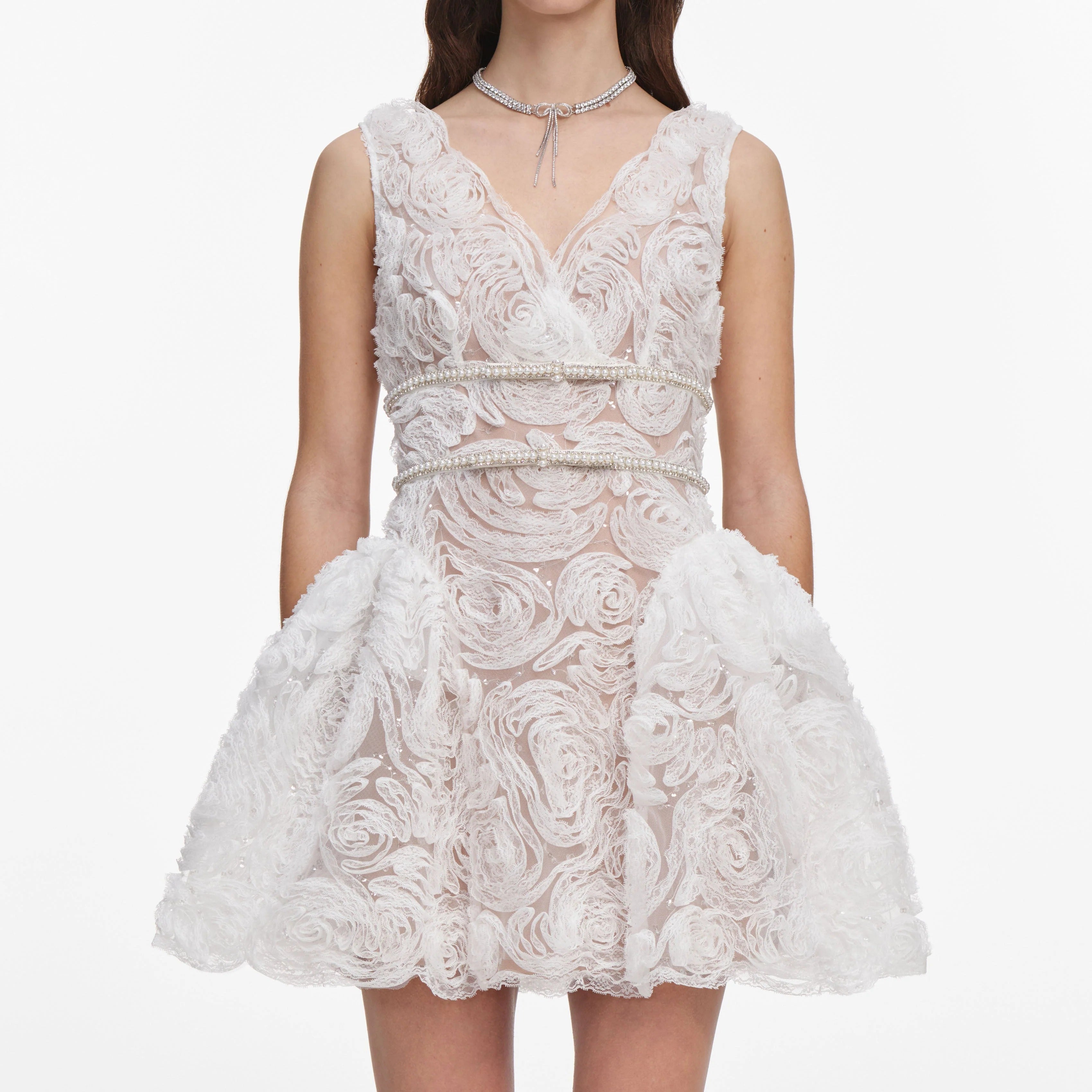 White sequin tulle and lace mini dress