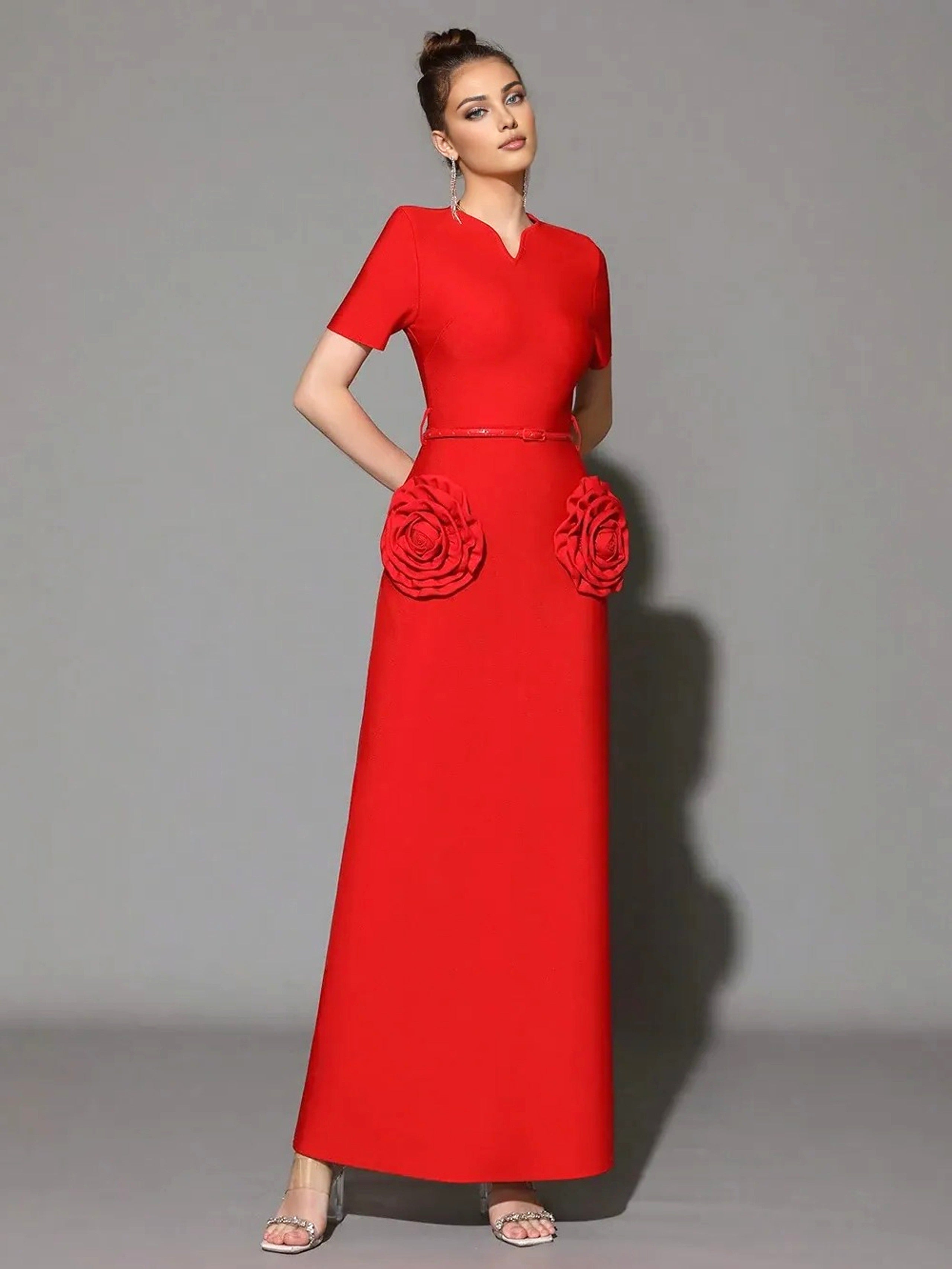 Flowering Girl Women 3d Flower Embellished Slim Maxi Dress In Red