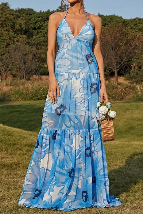 Blue & White Floral Print Halter Neck Tiered Maxi Dress