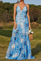 Blue & White Floral Print Halter Neck Tiered Maxi Dress