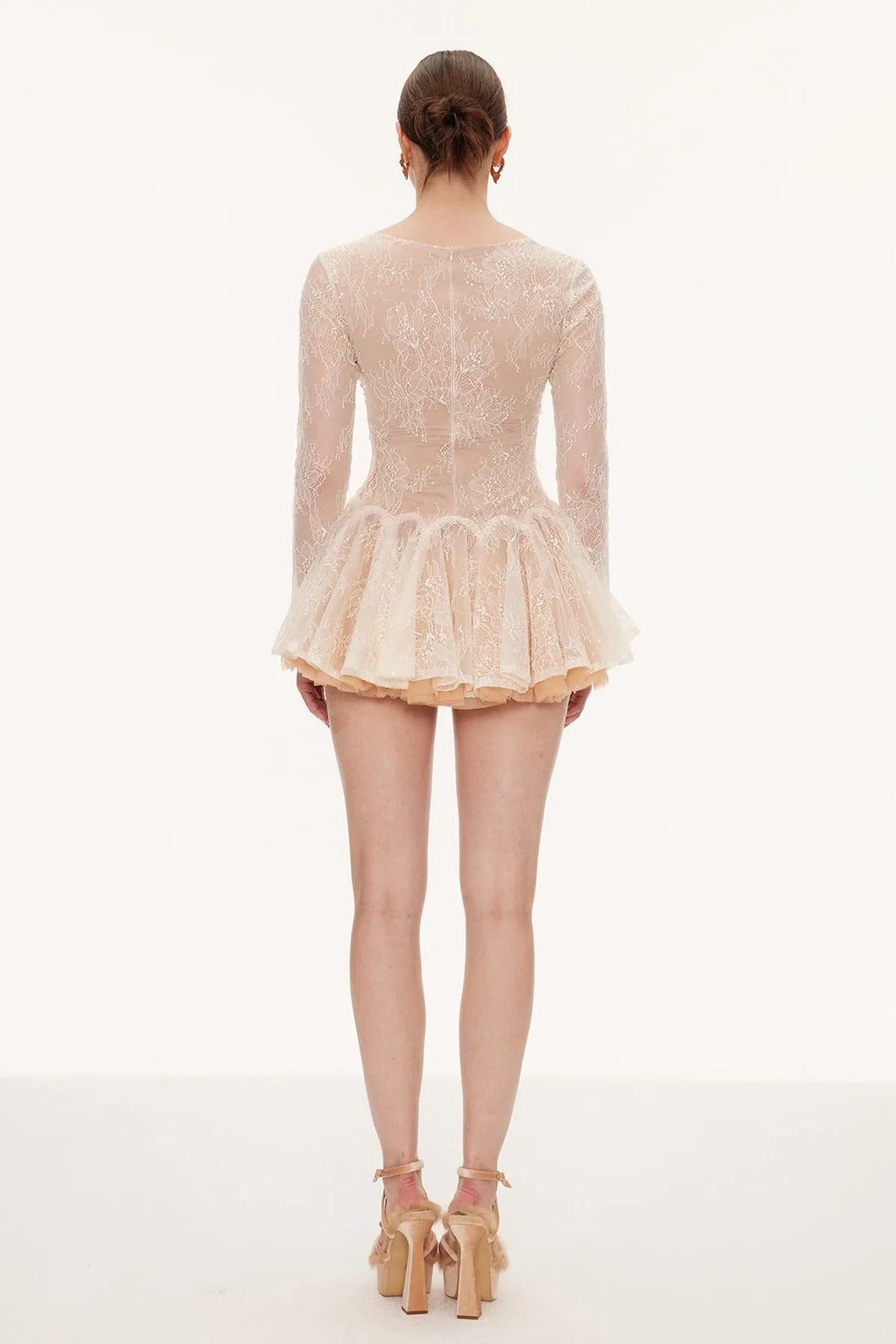 eileen Long-sleeve v-neck lace A-line mini dress in pink