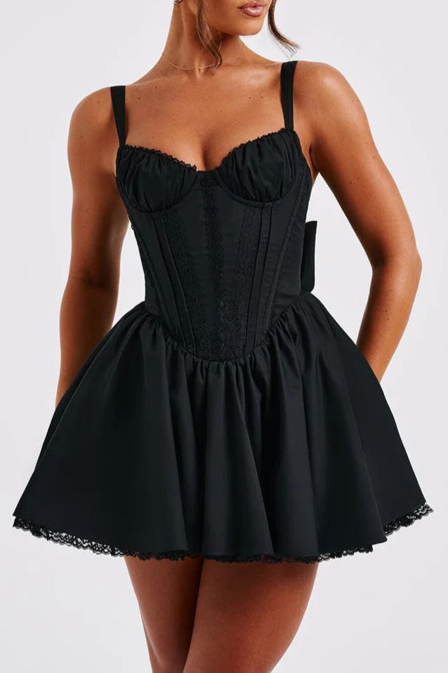 Flowering Girl Women Lace Ruffle Trim Corset Mini Dress In Black