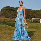 Blue & White Floral Print Halter Neck Tiered Maxi Dress