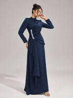 beulah Long sleeves with beading pleated maxi dress in blue