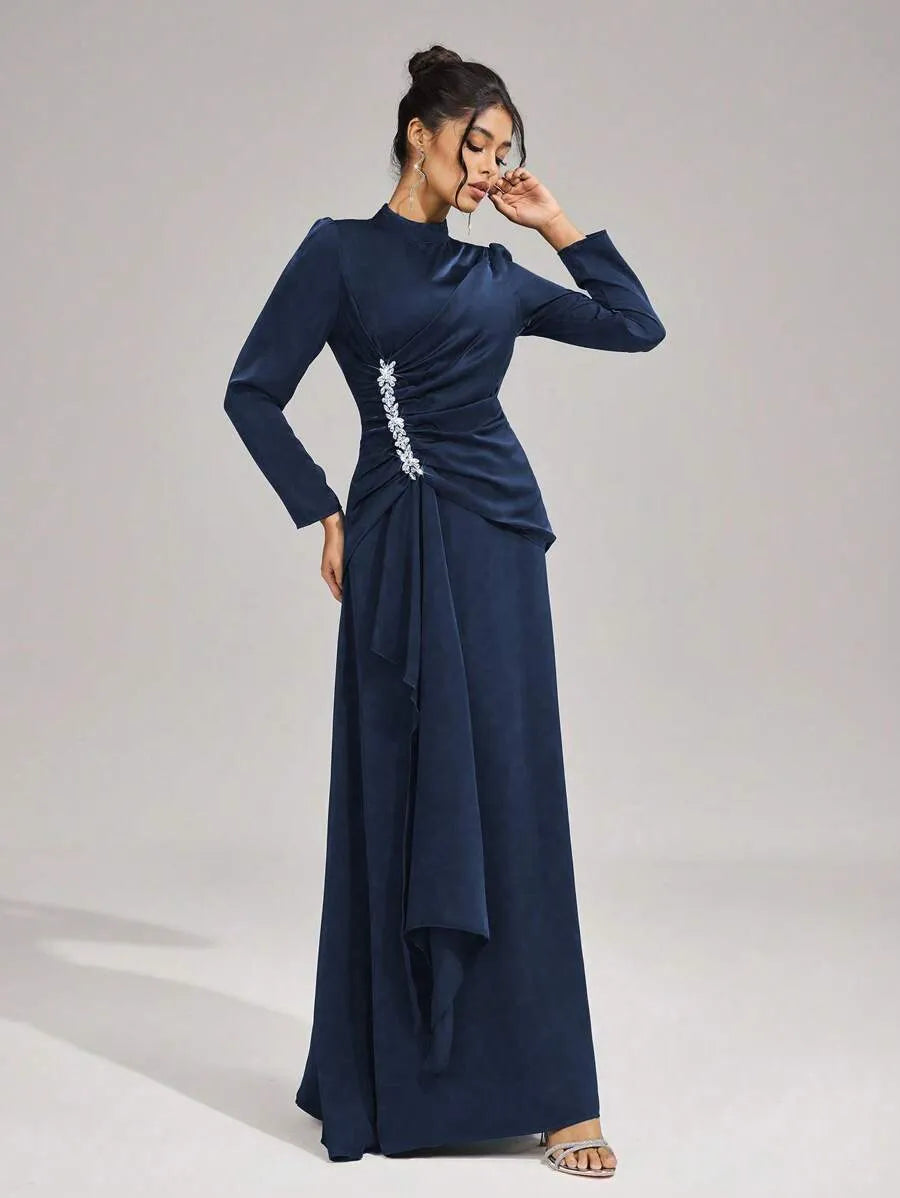 beulah Long sleeves with beading pleated maxi dress in blue