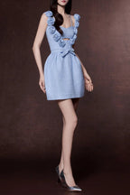 chaya Pastel Blue 3d flower Ribbon Mini Dress