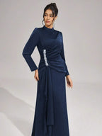 beulah Long sleeves with beading pleated maxi dress in blue