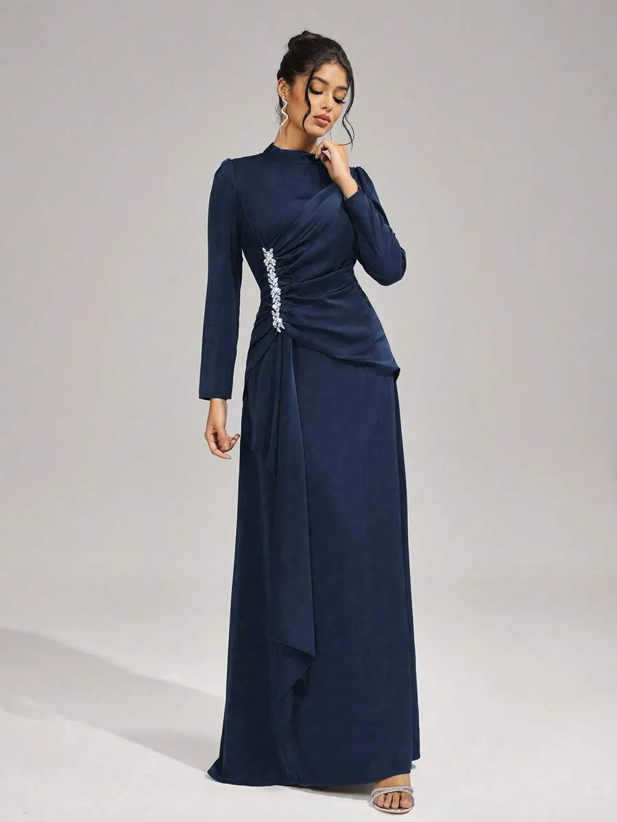 Beulah Long Sleeves With Beading Pleated Maxi Dress In Blue