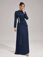 beulah Long sleeves with beading pleated maxi dress in blue