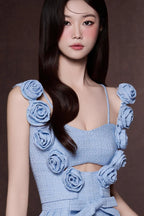 Chaya Pastel Blue 3d Flower Ribbon Mini Dress