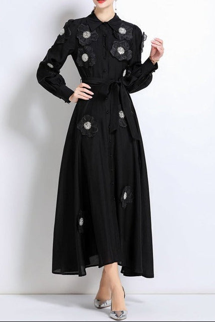 Susanna Floral Applique Shirt Midi Dress In Black