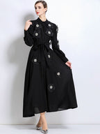 Susanna Floral Applique Shirt Midi Dress In Black
