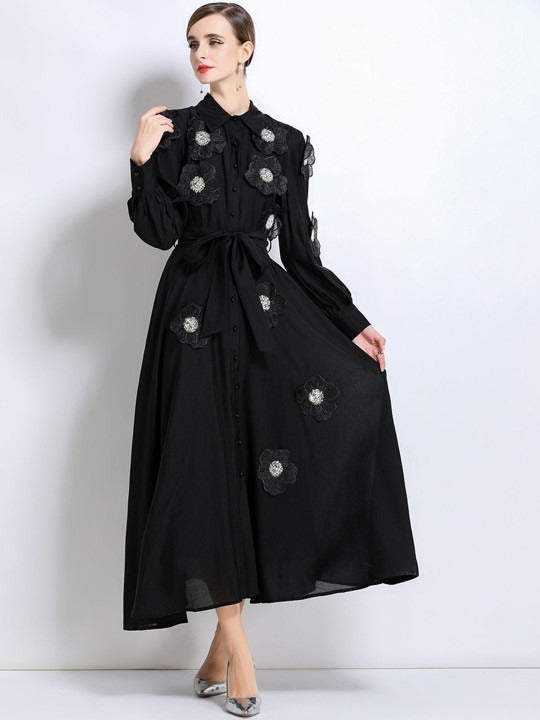 Susanna Floral Applique Shirt Midi Dress In Black