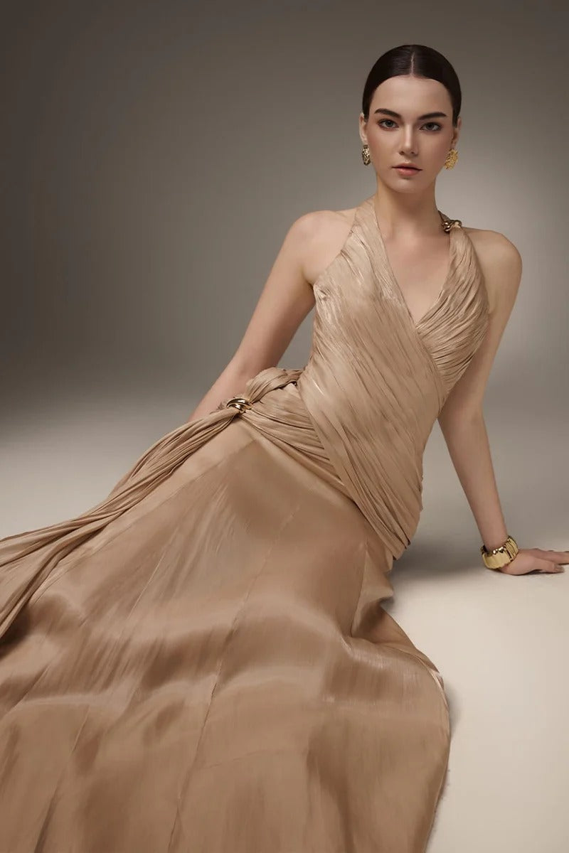 Corset Waist Silk Blend Halter Floor Length Dress In Champagne