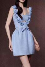 Chaya Pastel Blue 3d Flower Ribbon Mini Dress