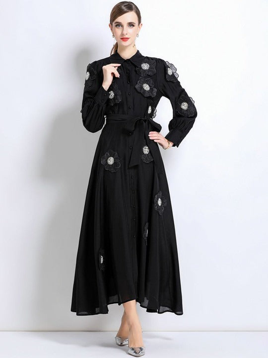 Susanna Floral Applique Shirt Midi Dress In Black