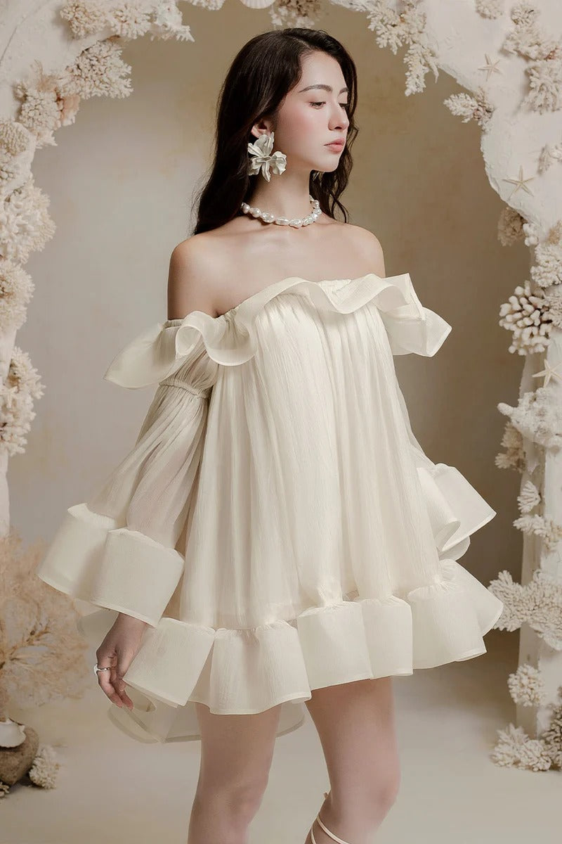 Flowering Girl Women Bernice Ruffle Layer Crinkle Chiffon Mini Dress In White