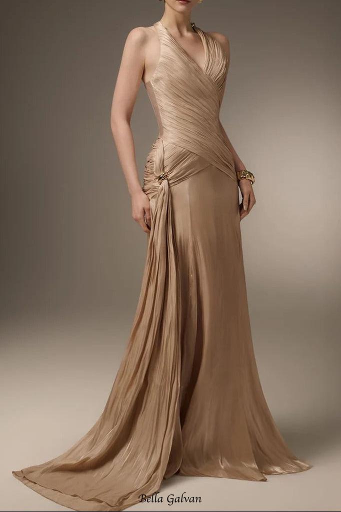 Corset Waist Silk Blend halter Floor Length Dress in champagne